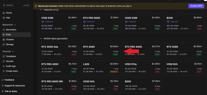 RunPod GPU selection screen showing hourly pricing and availability for each card
