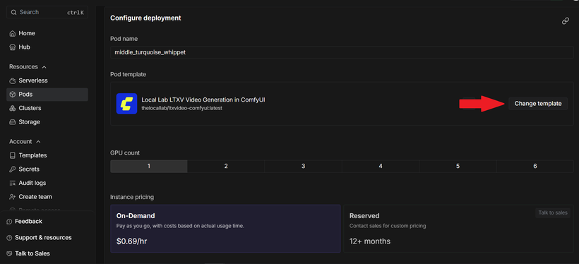 RunPod configure deployment screen with the Local Lab LTXV template preloaded