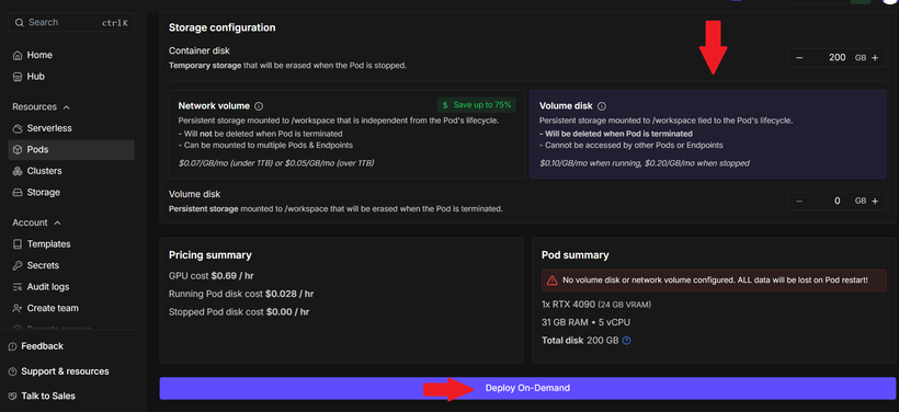 RunPod storage configuration showing container disk, network volume pricing and the data loss warning