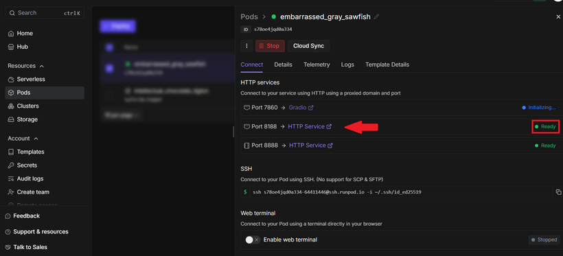 RunPod Connect tab listing ports 7860, 8188 and 8888 with ready status