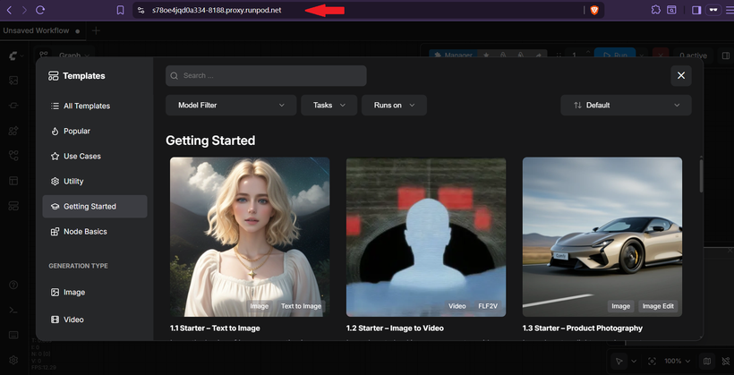 ComfyUI running in a browser at a RunPod proxy address with the template browser open