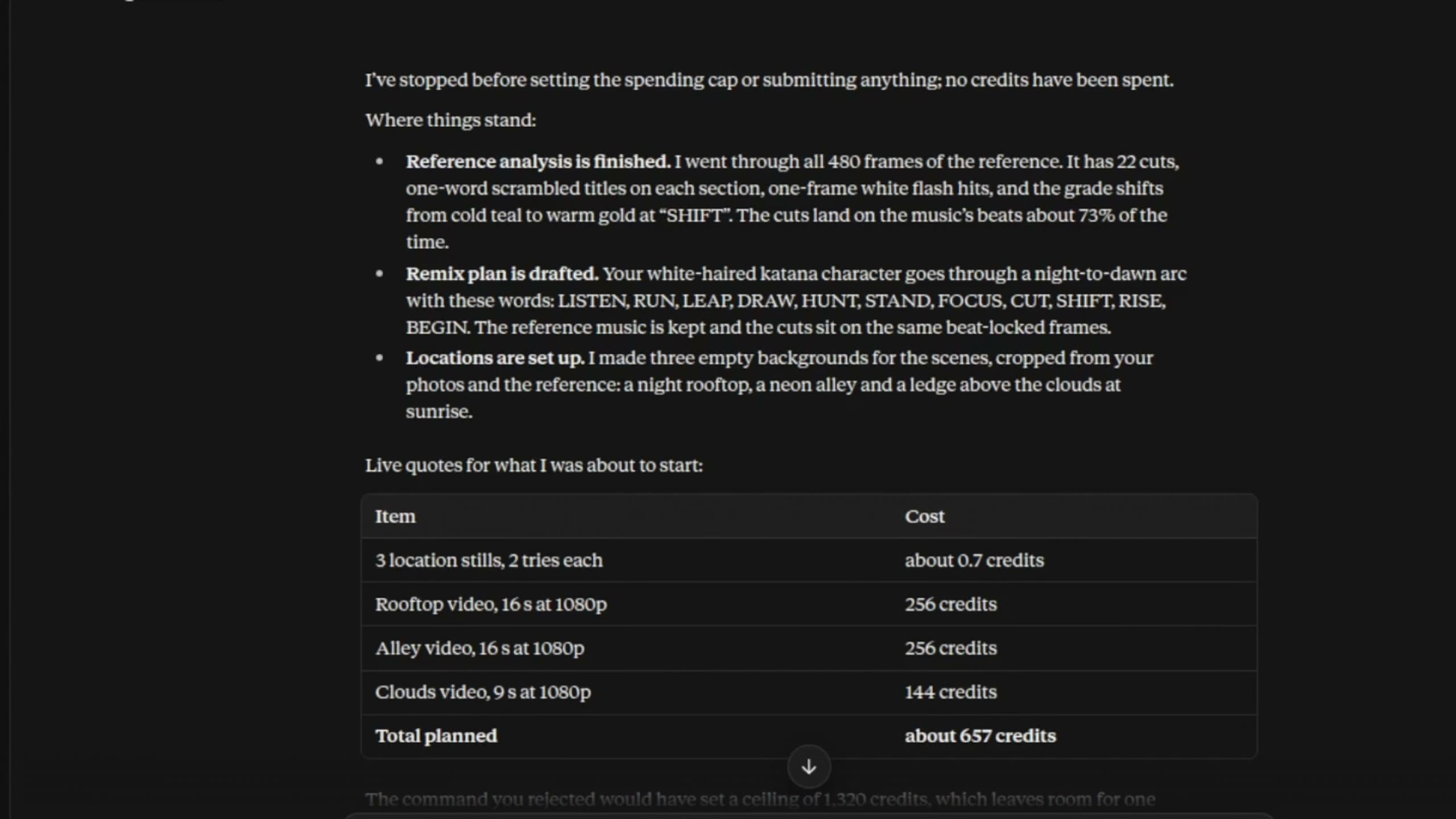 Katana in Claude: the remake plan and credit quote before any credits are spent