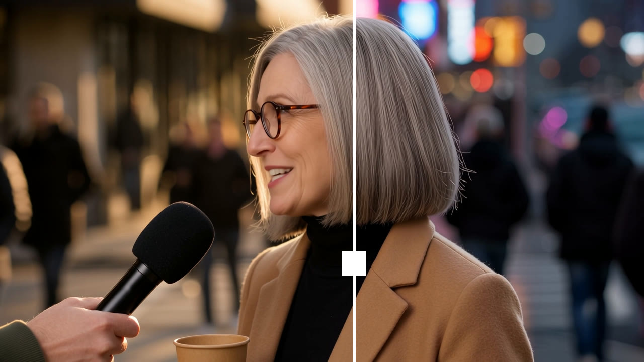Kling 4.0 Edit video before and after: golden-hour street changed to neon night