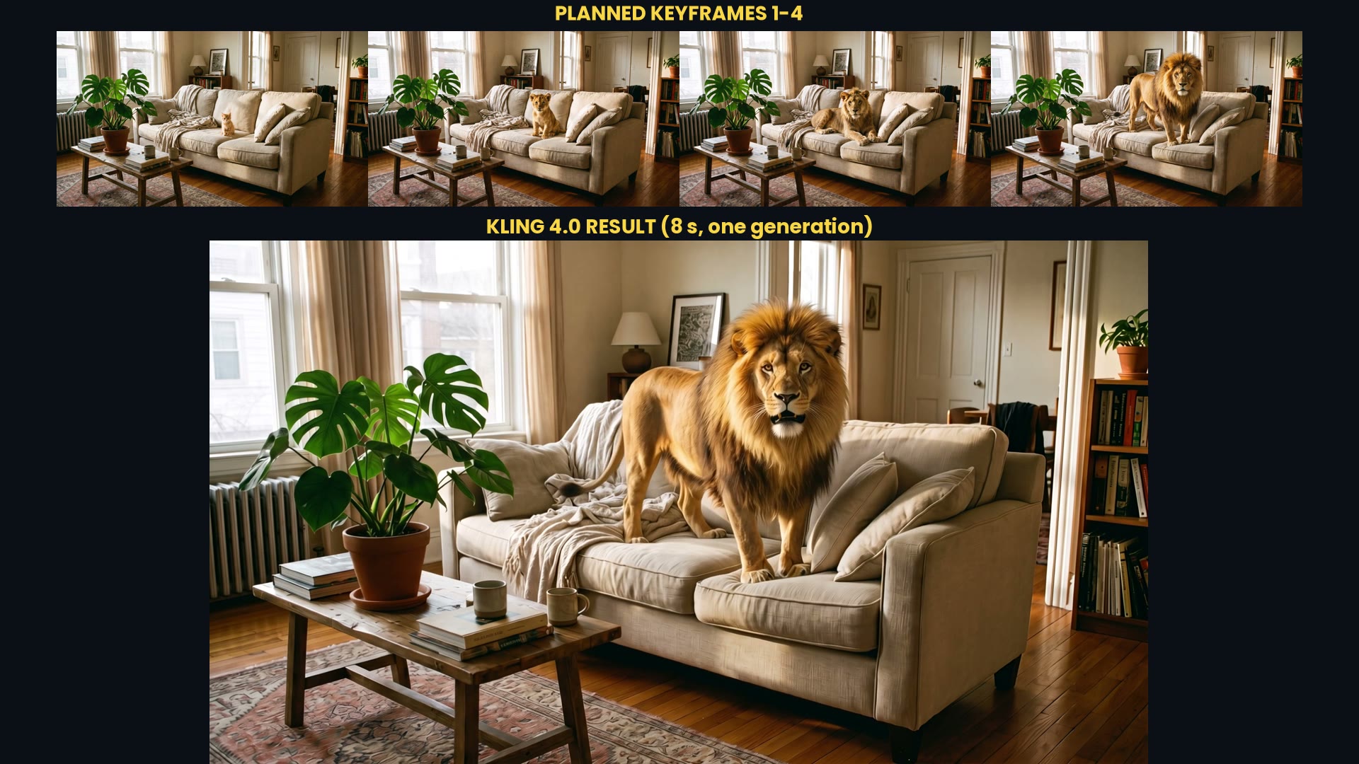 Four planned Kling 4.0 keyframes, kitten to lion, above the generated clip