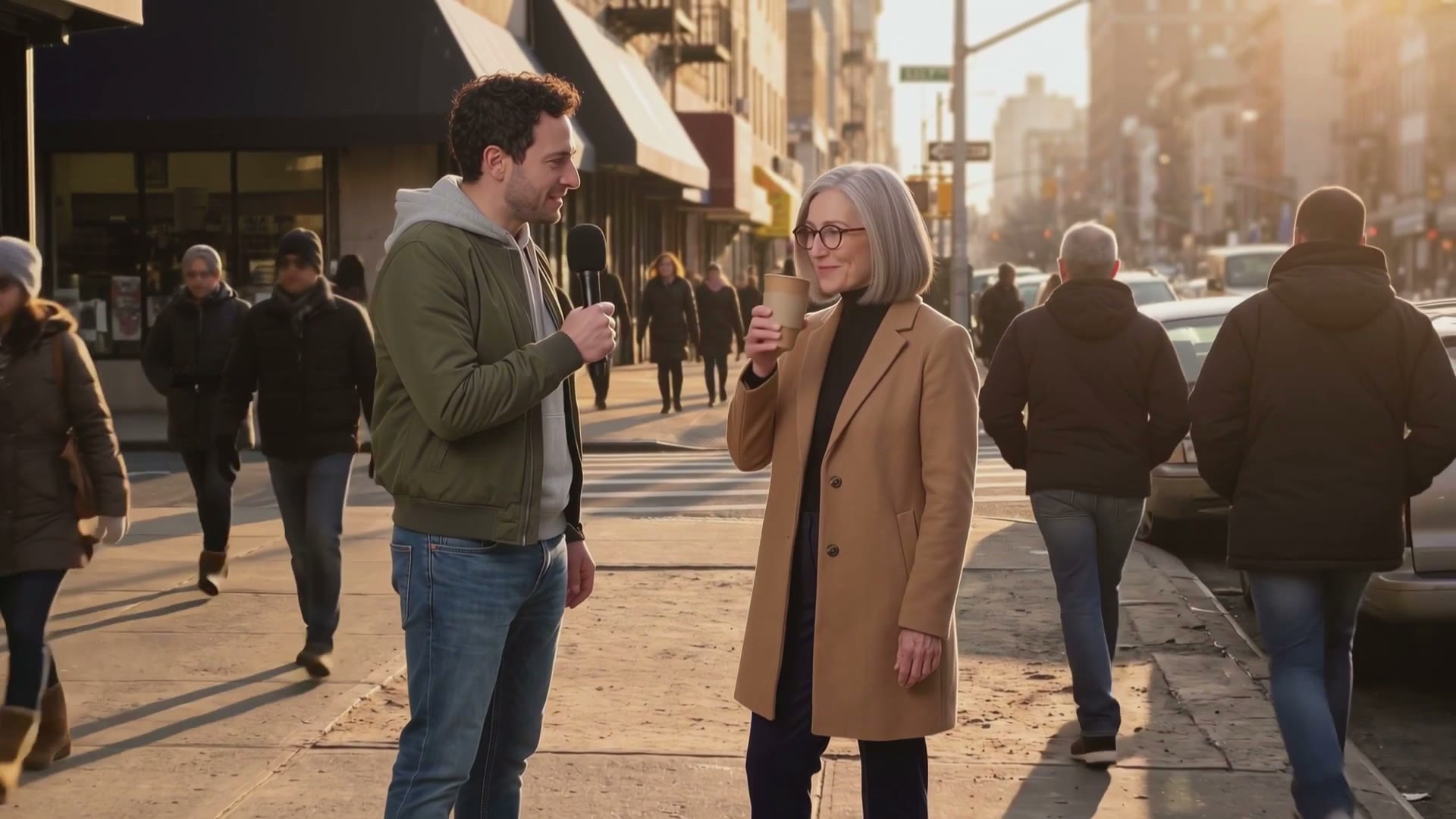 Kling 4.0 References result: street interview built from three pictures