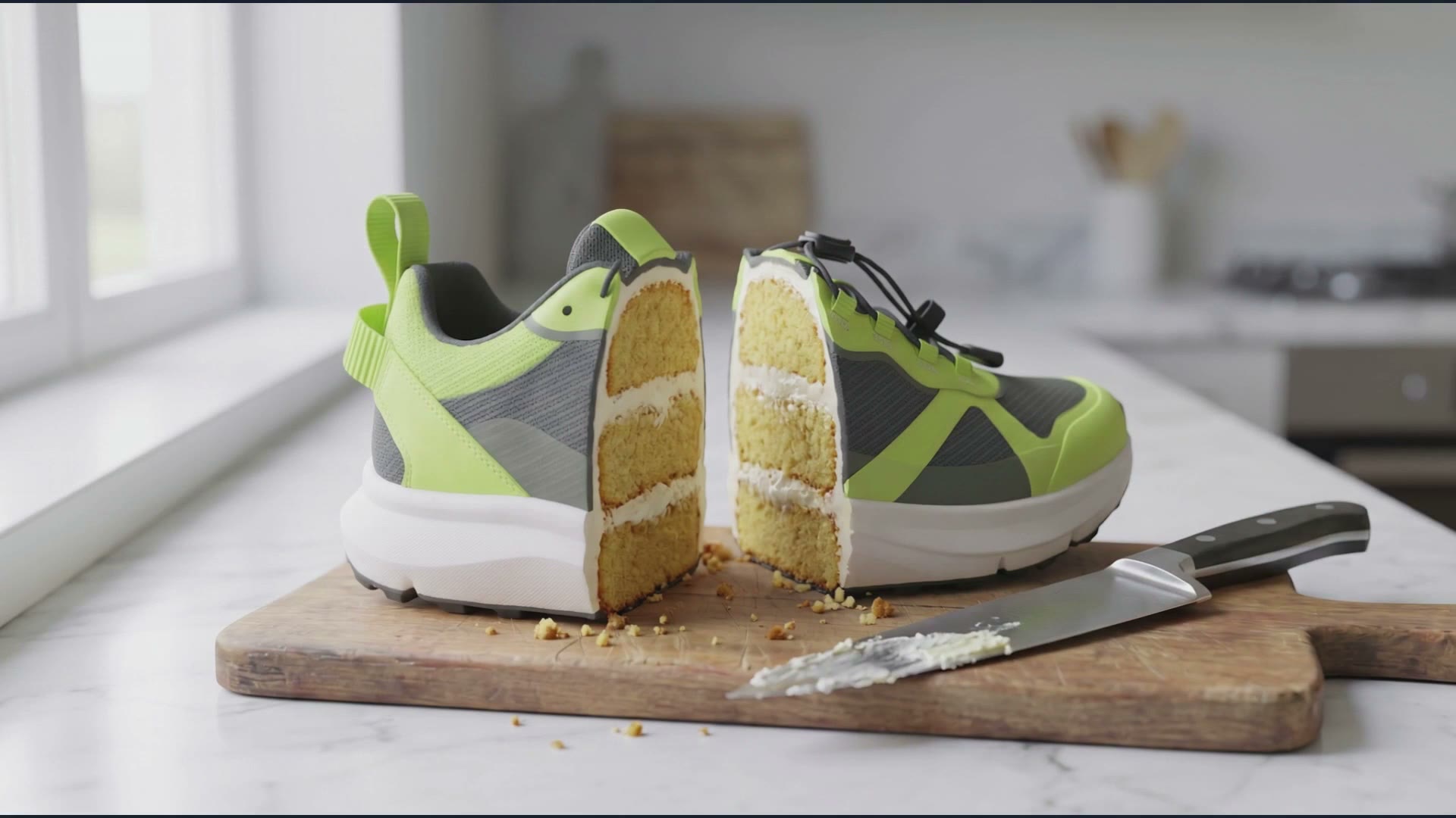 Kling 4.0 result: a sneaker sliced open to reveal cake