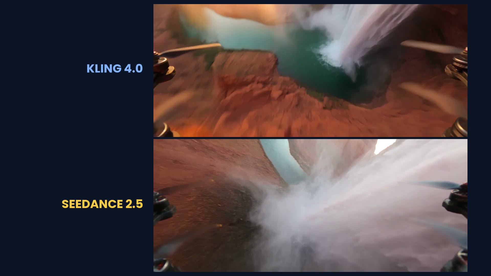 Kling 4.0 vs Seedance 2.5 side by side: 30-second drone shot